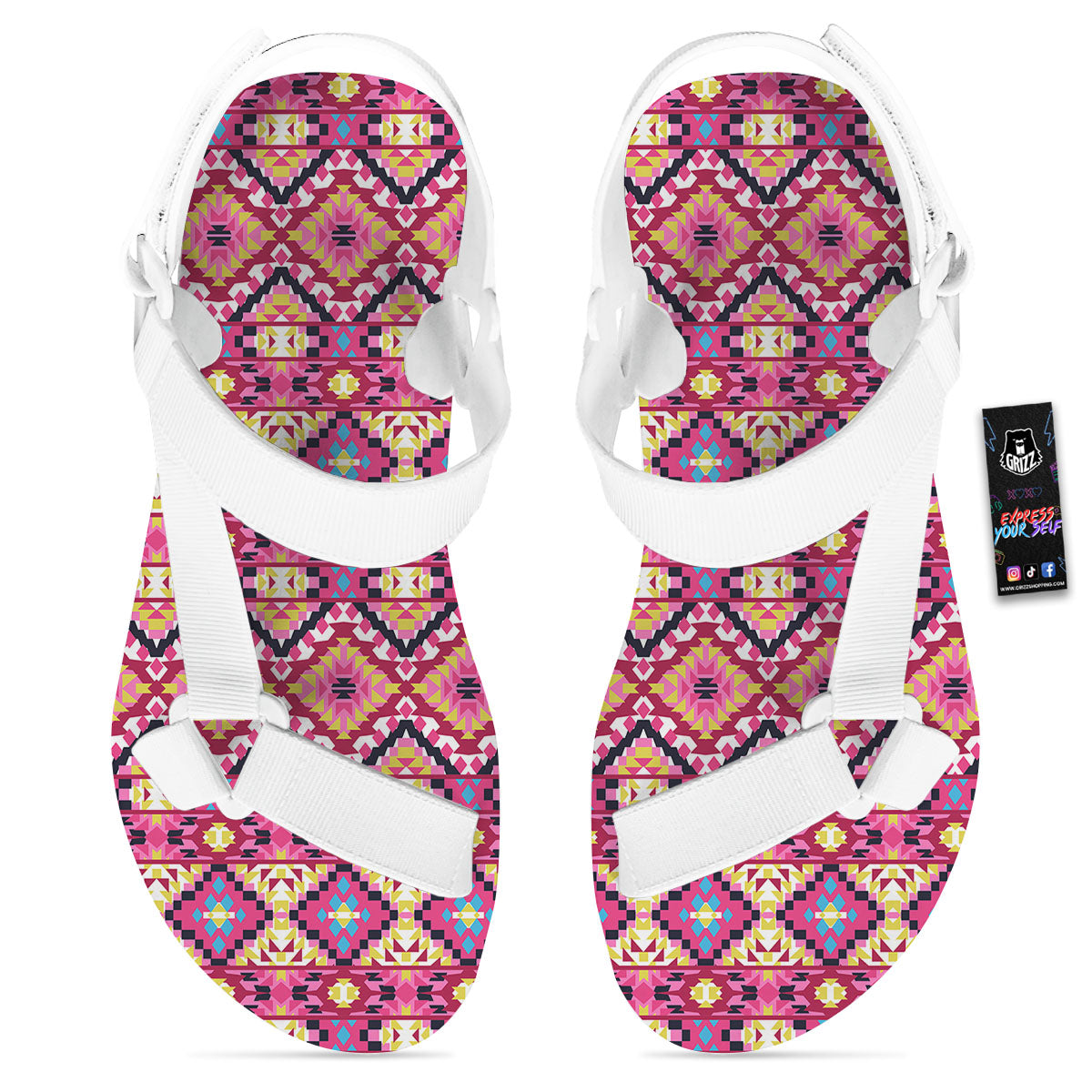Geometric Ethnic Pink Aztec Print Pattern White Open Toe Sandals-grizzshop