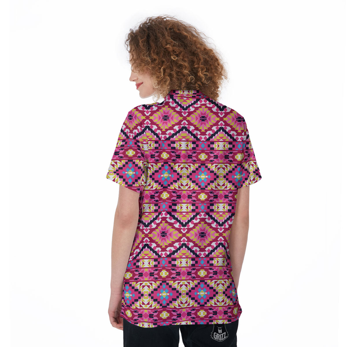 Geometric Ethnic Pink Aztec Print Pattern Women's Golf Shirts-grizzshop