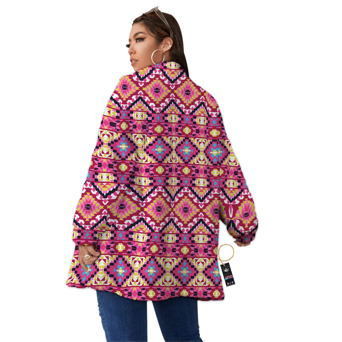 Geometric Ethnic Pink Aztec Print Pattern Women's Sherpa Jacket-grizzshop