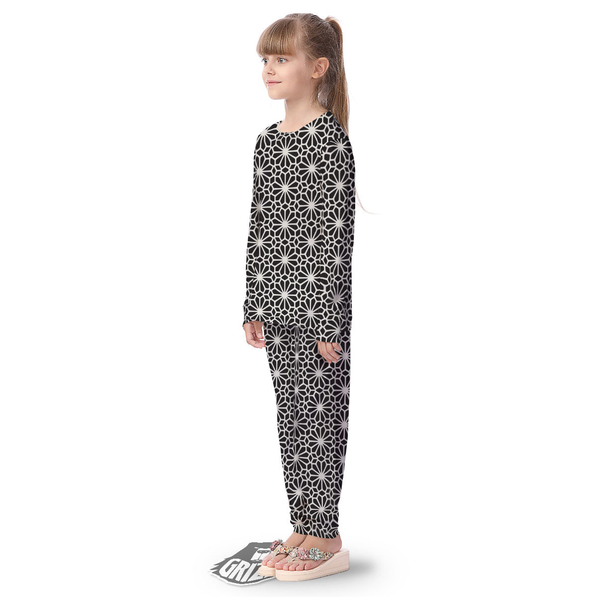 Geometric Floral White And Black Print Kid's Pajamas-grizzshop