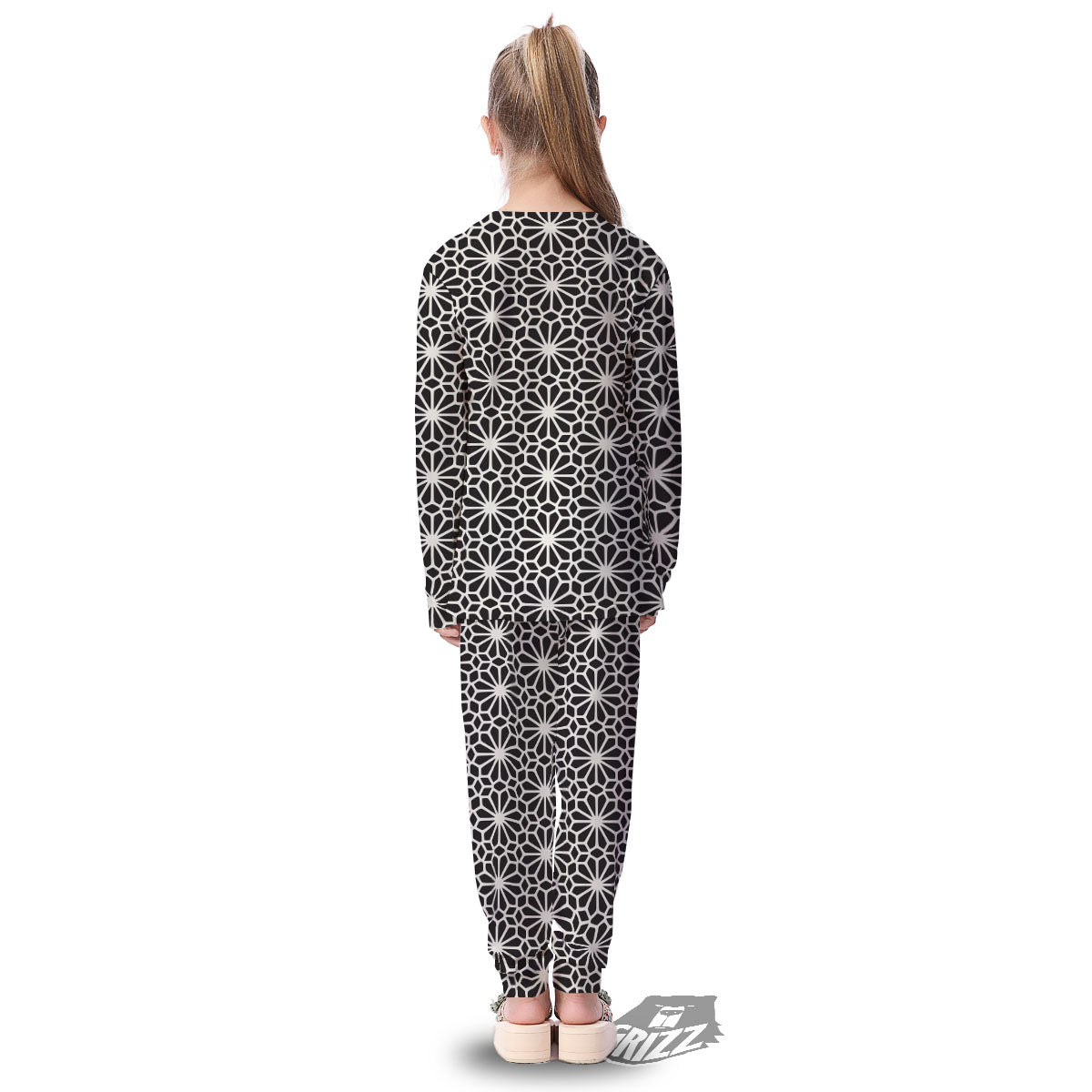 Geometric Floral White And Black Print Kid's Pajamas-grizzshop