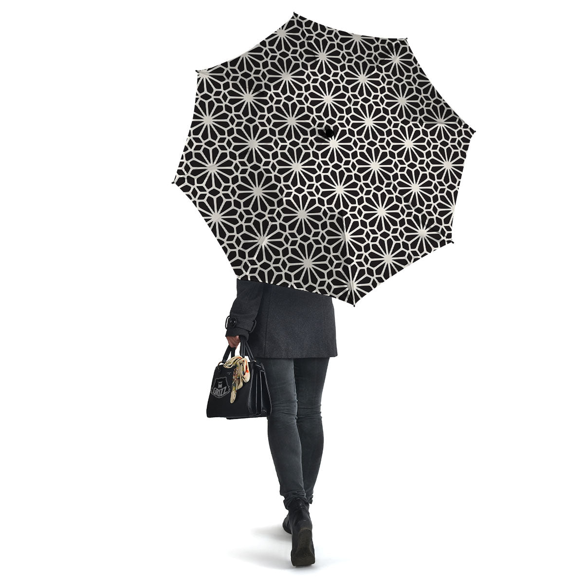 Geometric Floral White And Black Print Umbrella-grizzshop