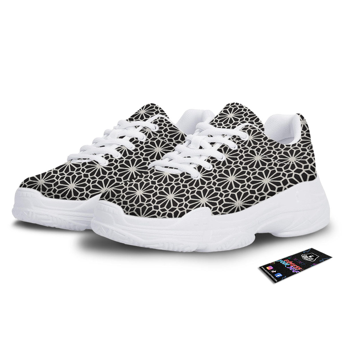 Geometric Floral White And Black Print White Chunky Shoes-grizzshop