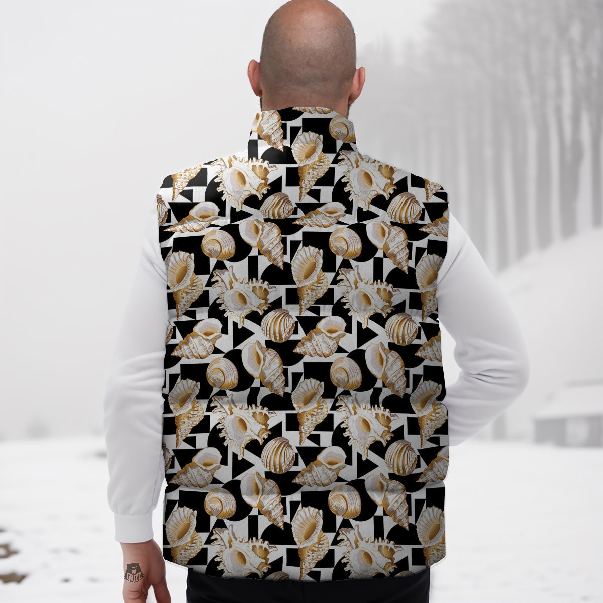 Geometric Gold Sea Shell Print Pattern Down Vest-grizzshop
