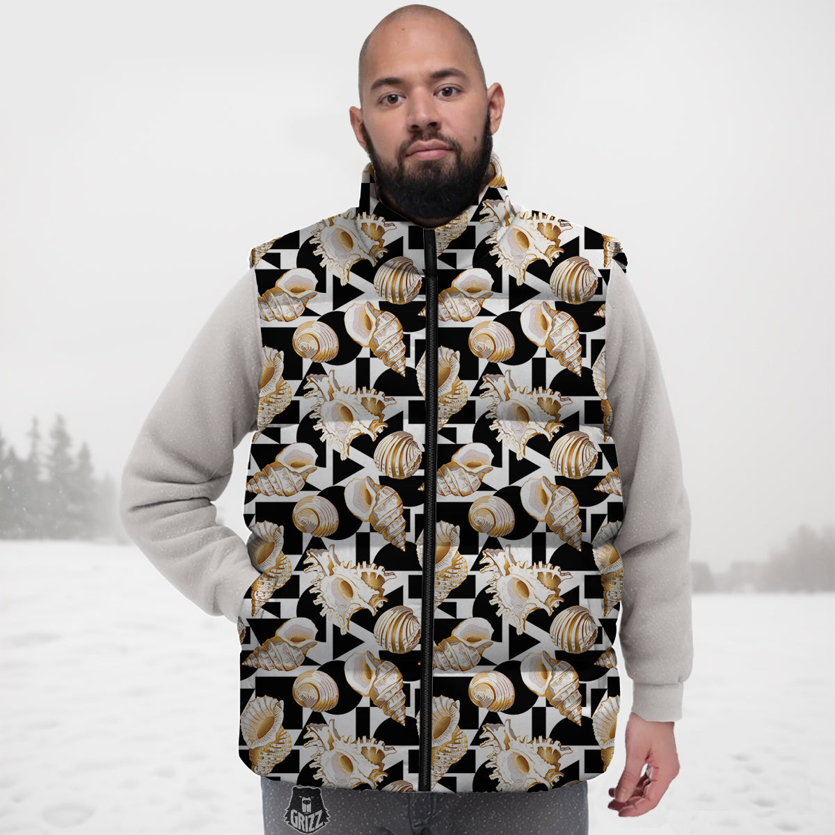Geometric Gold Sea Shell Print Pattern Down Vest-grizzshop