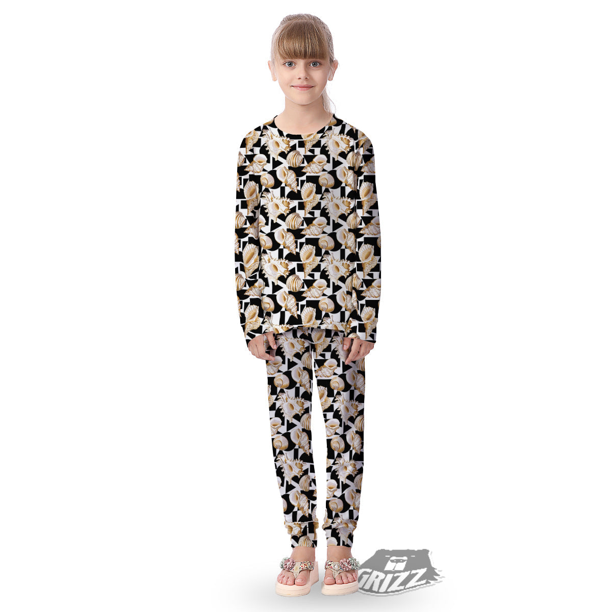 Geometric Gold Sea Shell Print Pattern Kid's Pajamas-grizzshop