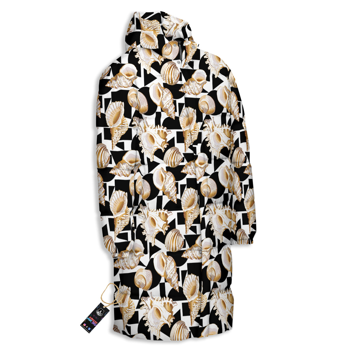 Geometric Gold Sea Shell Print Pattern Long Down Jacket-grizzshop
