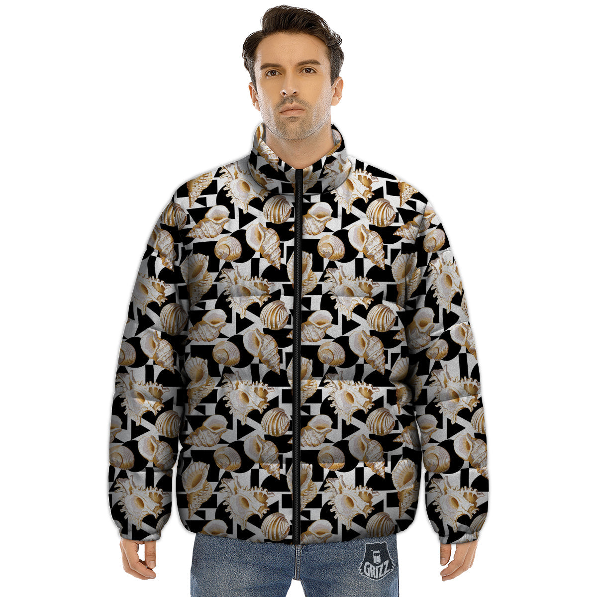 Geometric Gold Sea Shell Print Pattern Puffer Jacket-grizzshop