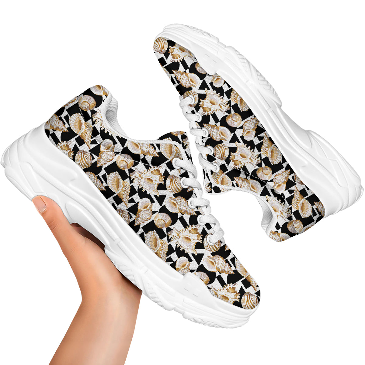 Geometric Gold Sea Shell Print Pattern White Chunky Shoes-grizzshop