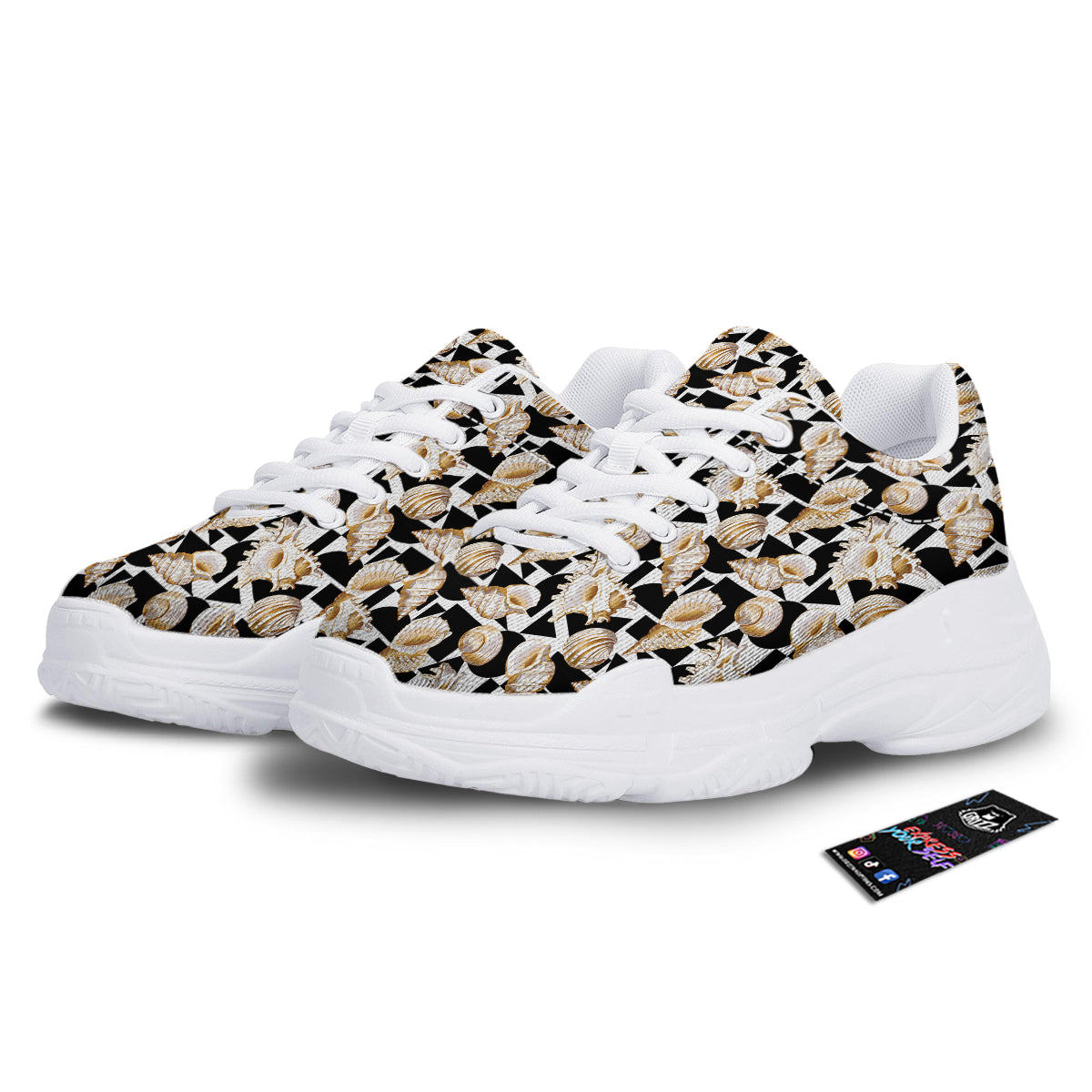 Geometric Gold Sea Shell Print Pattern White Chunky Shoes-grizzshop