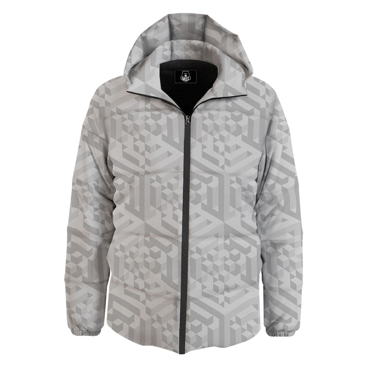 Geometric Grey Polygonal Print Down Jacket-grizzshop