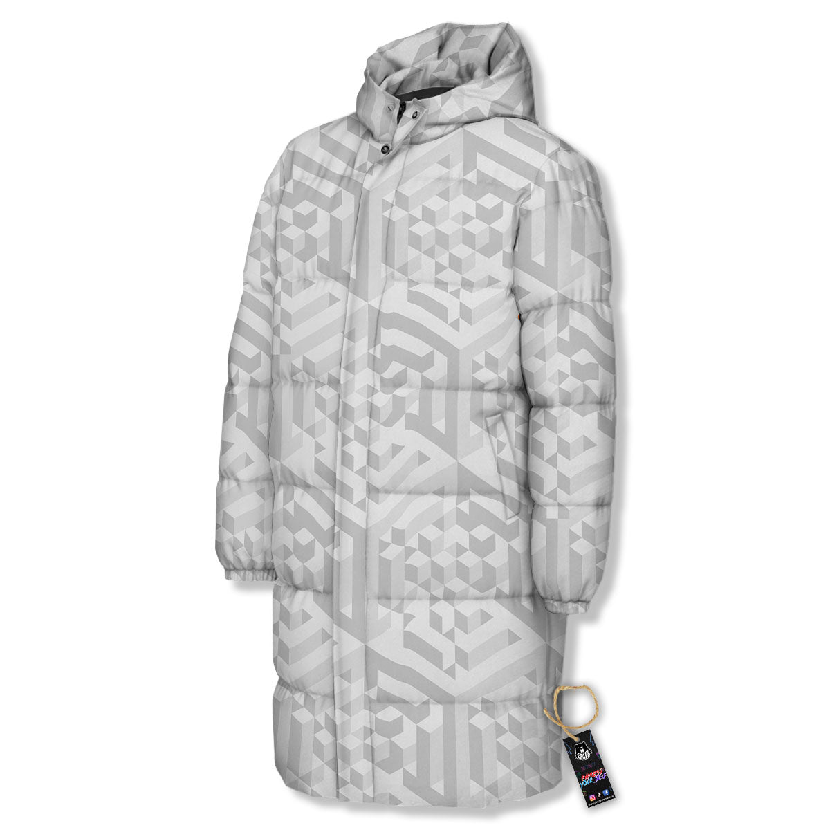 Geometric Grey Polygonal Print Long Down Jacket-grizzshop