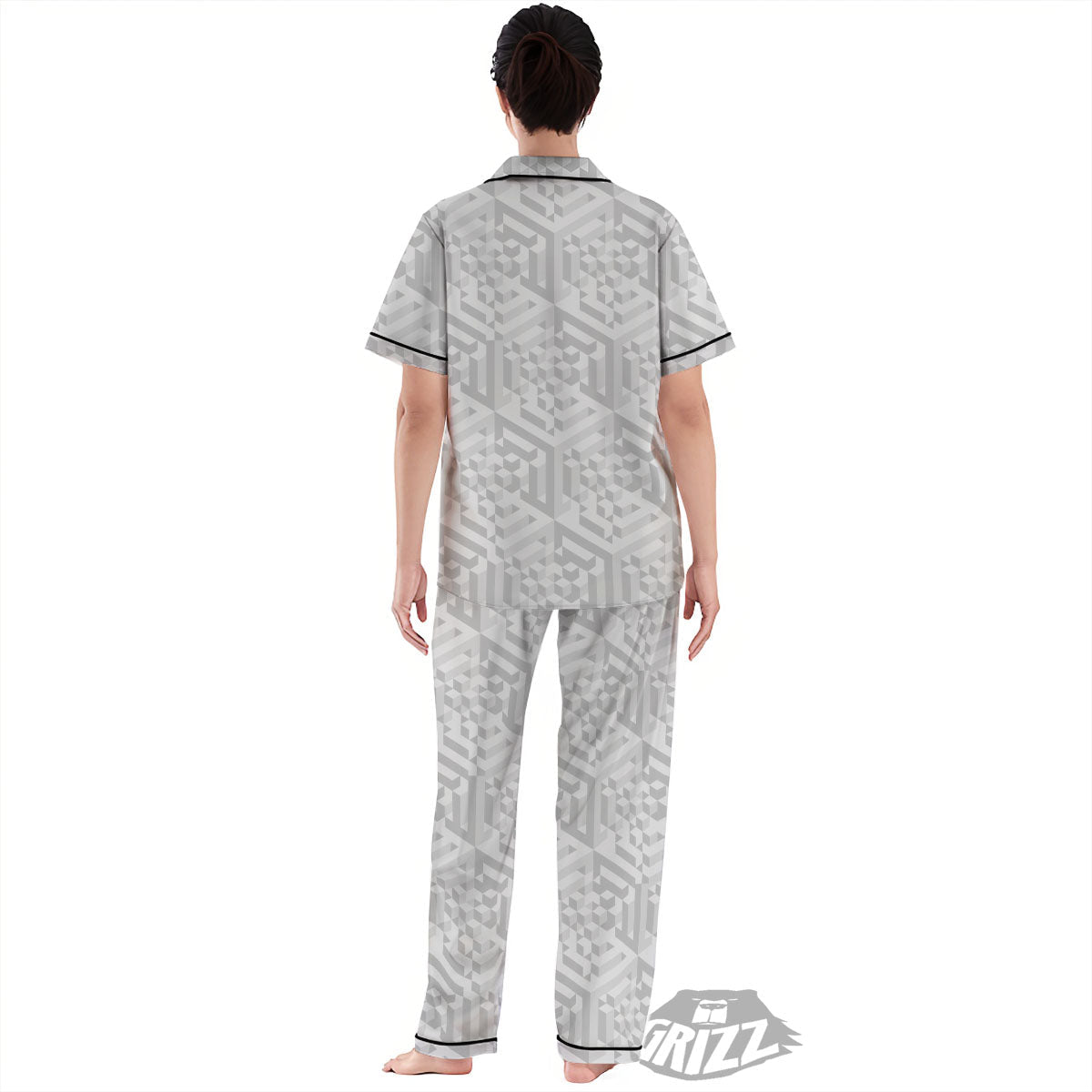 Geometric Grey Polygonal Print Women's Pajamas Set-grizzshop