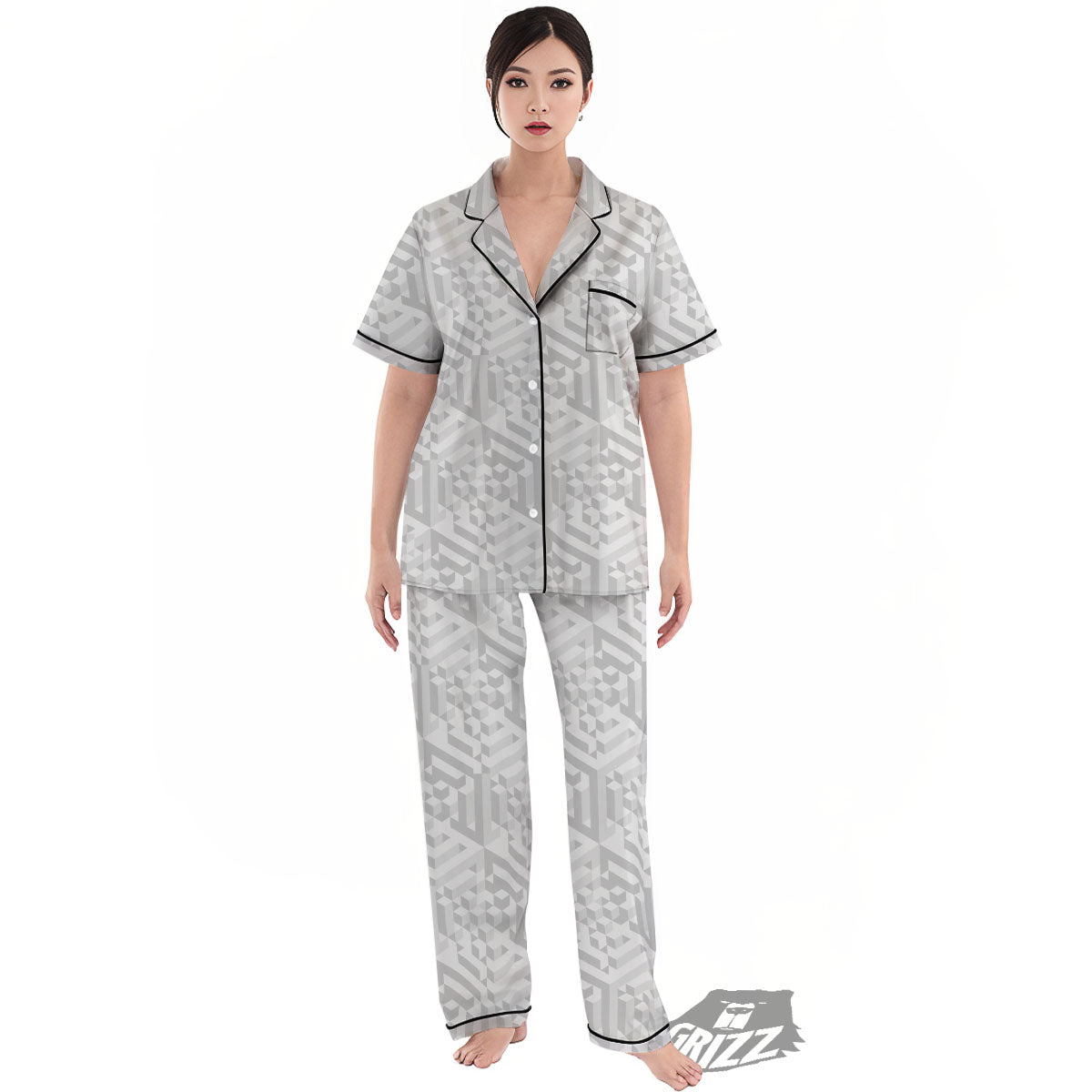 Geometric Grey Polygonal Print Women's Pajamas Set-grizzshop