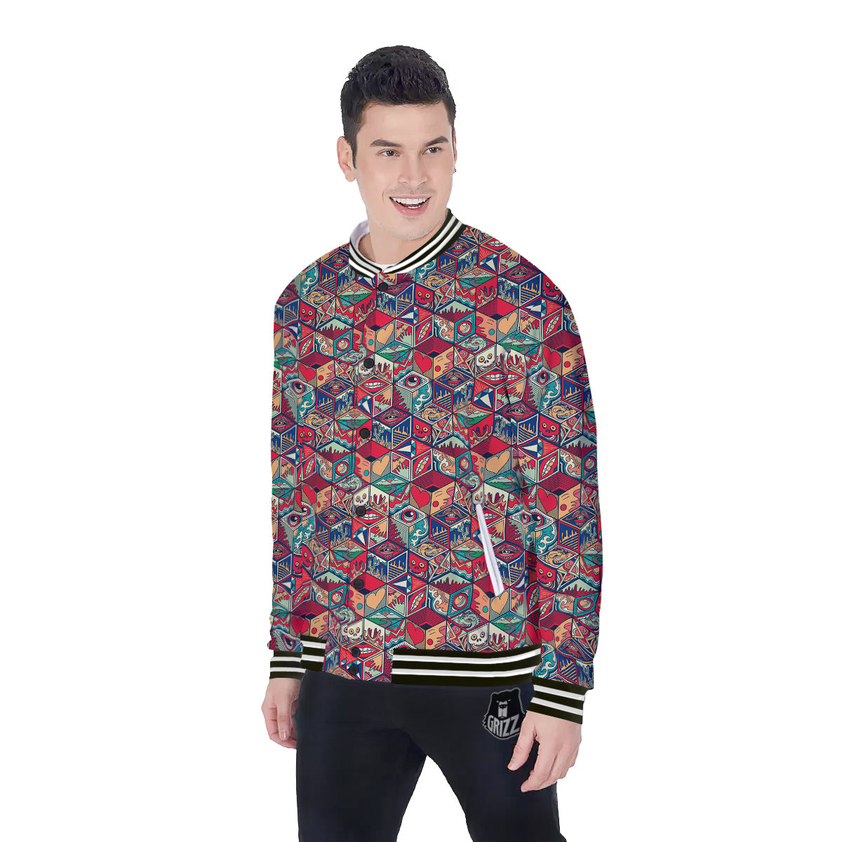 Geometric Hexagon Vintage Print Pattern Baseball Jacket-grizzshop