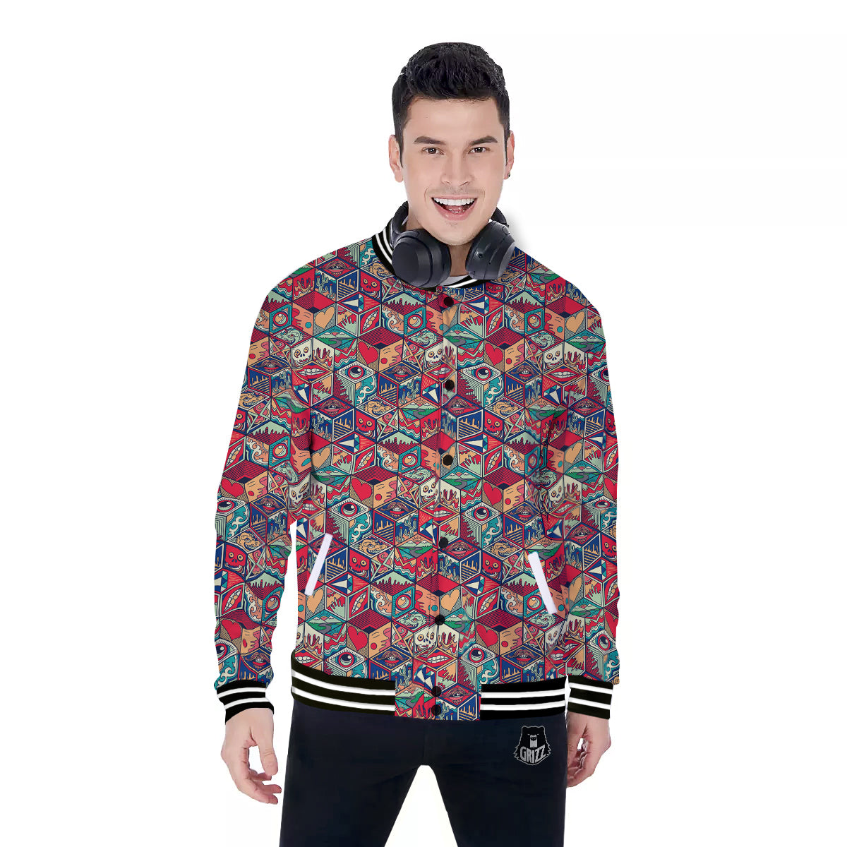Geometric Hexagon Vintage Print Pattern Baseball Jacket-grizzshop
