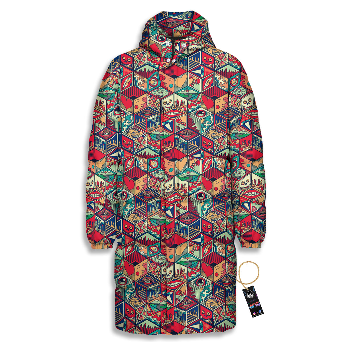 Geometric Hexagon Vintage Print Pattern Long Down Jacket-grizzshop