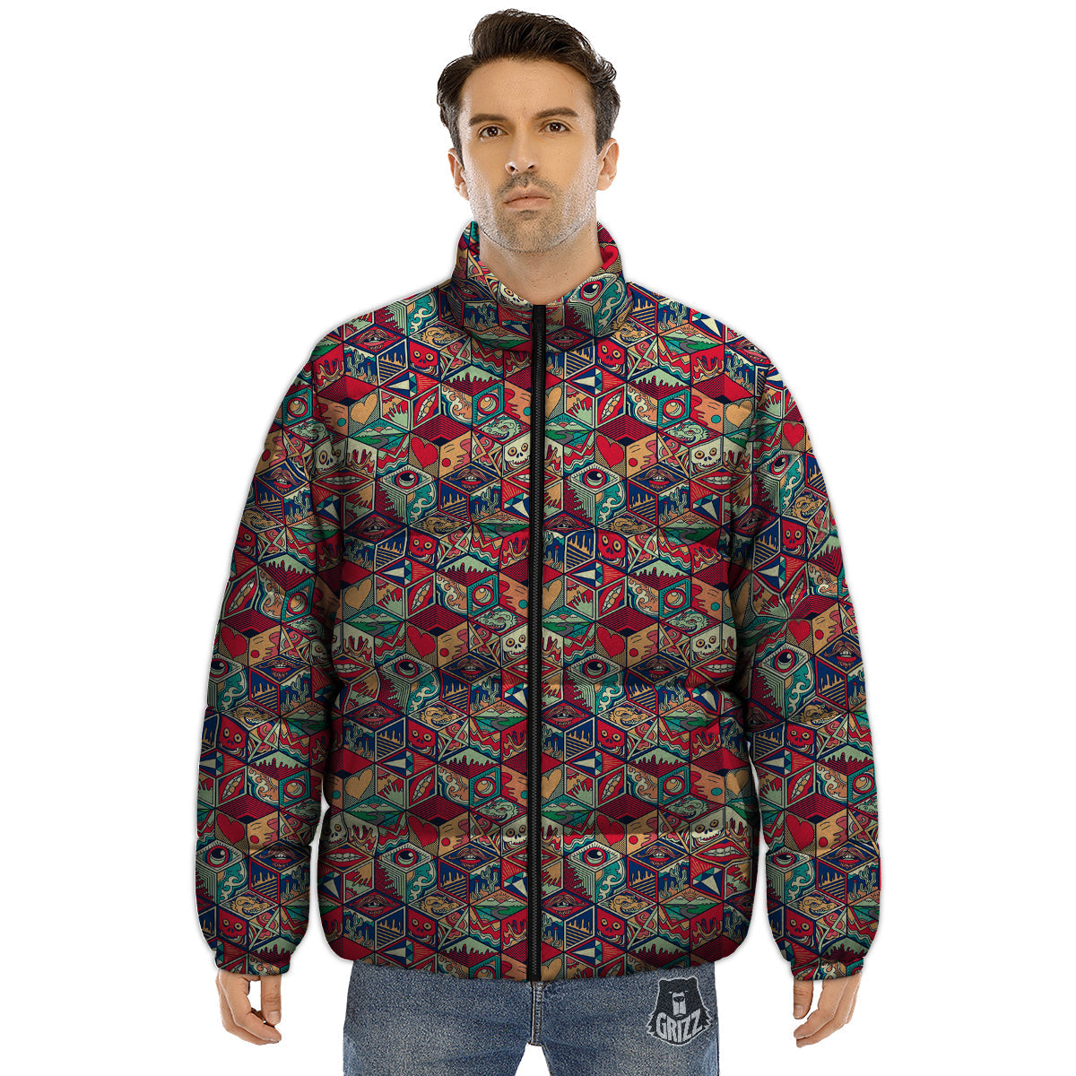 Geometric Hexagon Vintage Print Pattern Puffer Jacket-grizzshop