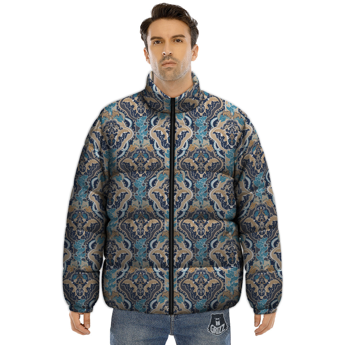 Geometric Indian Ornamental Print Pattern Puffer Jacket-grizzshop