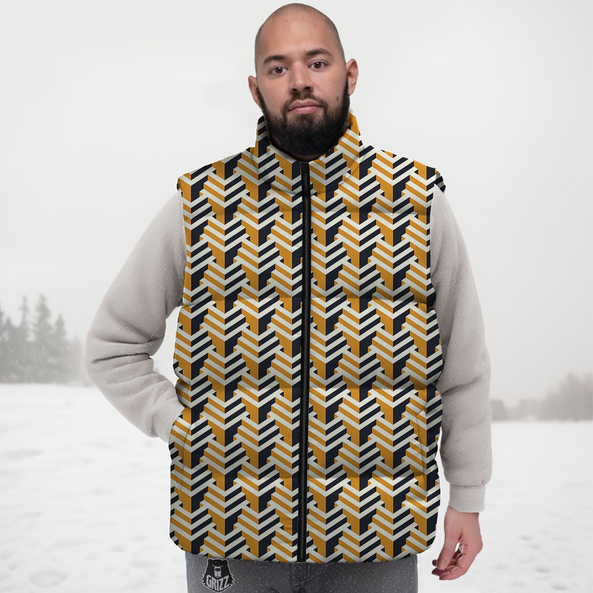 Geometric Isometric Print Pattern Down Vest-grizzshop