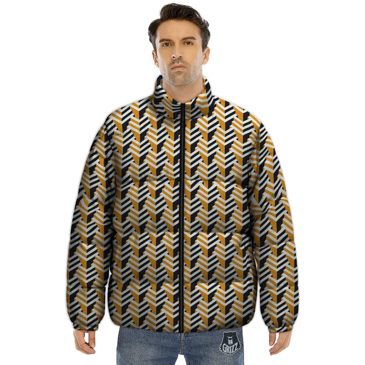 Geometric Isometric Print Pattern Puffer Jacket-grizzshop