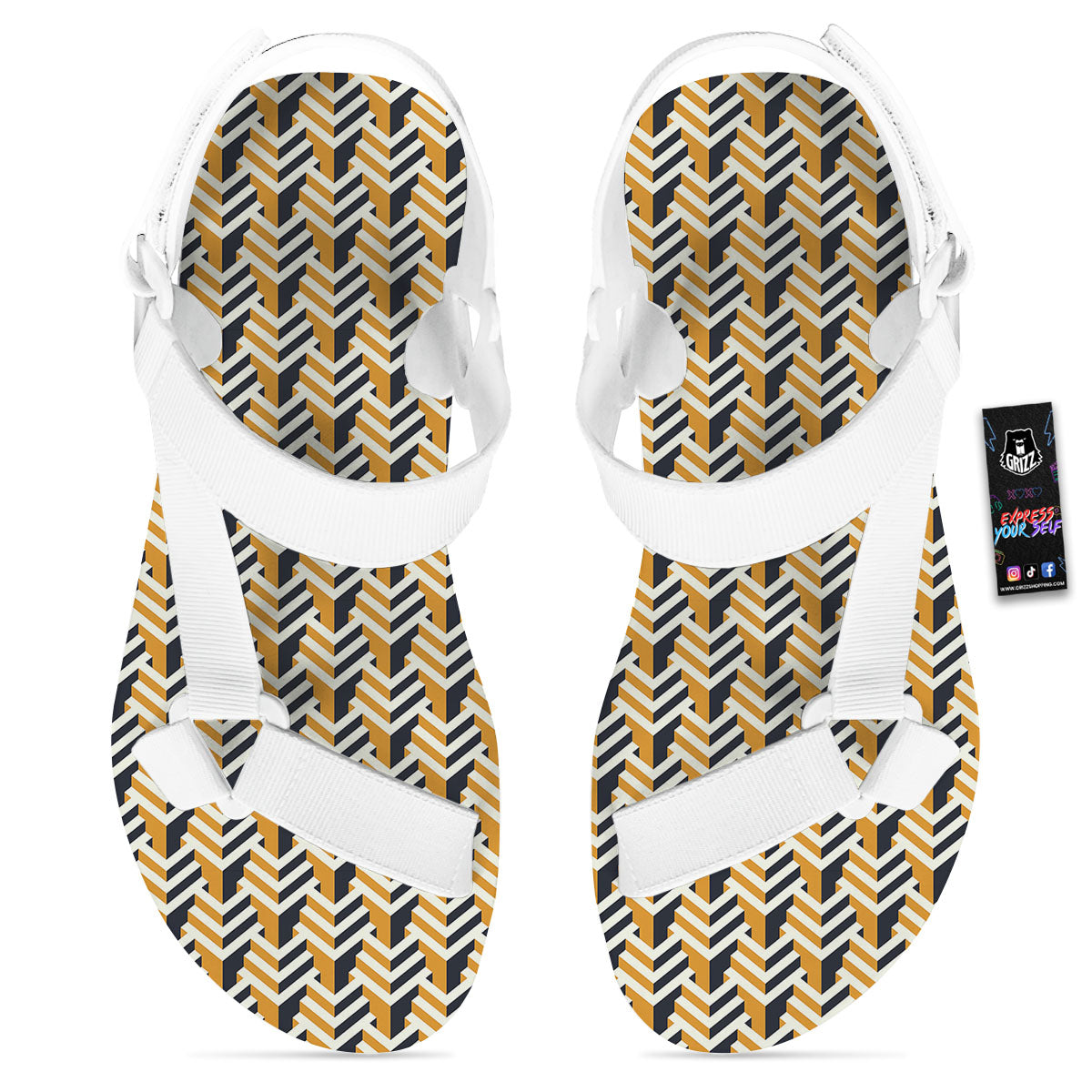 Geometric Isometric Print Pattern White Open Toe Sandals-grizzshop