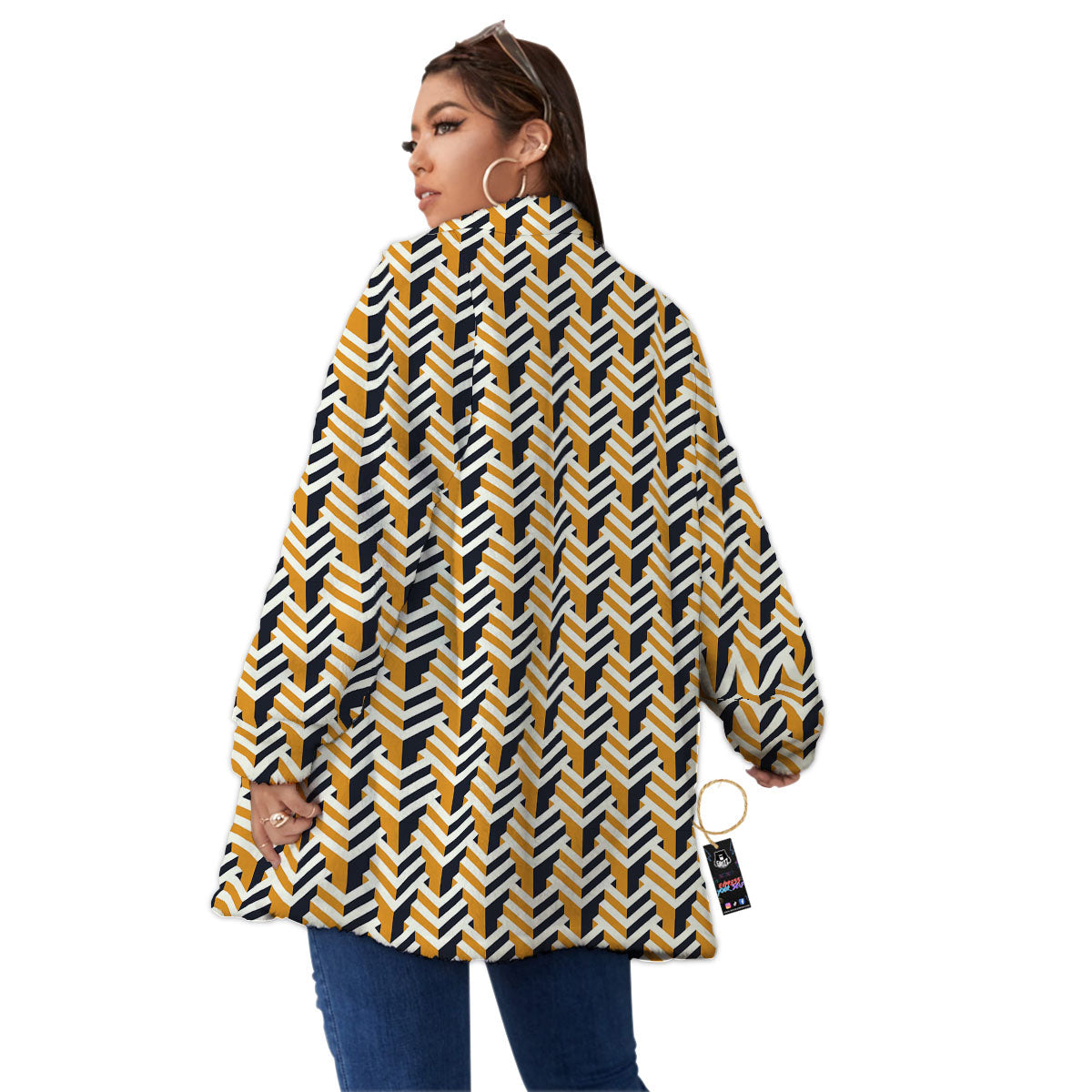 Geometric Isometric Print Pattern Women's Sherpa Jacket-grizzshop