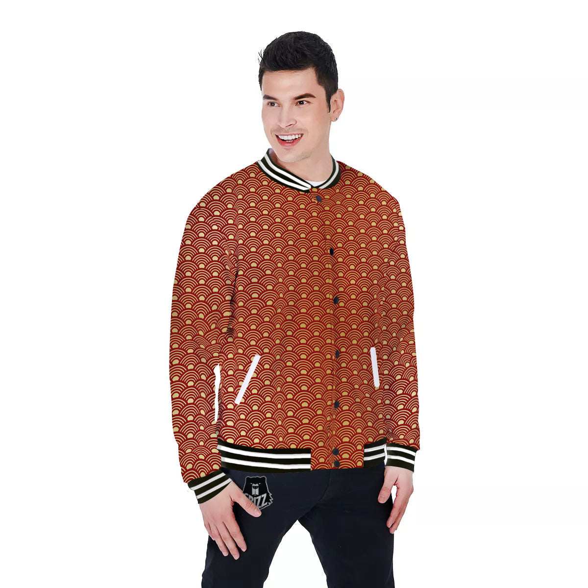 Geometric Japanese Print Pattern Baseball Jacket-grizzshop