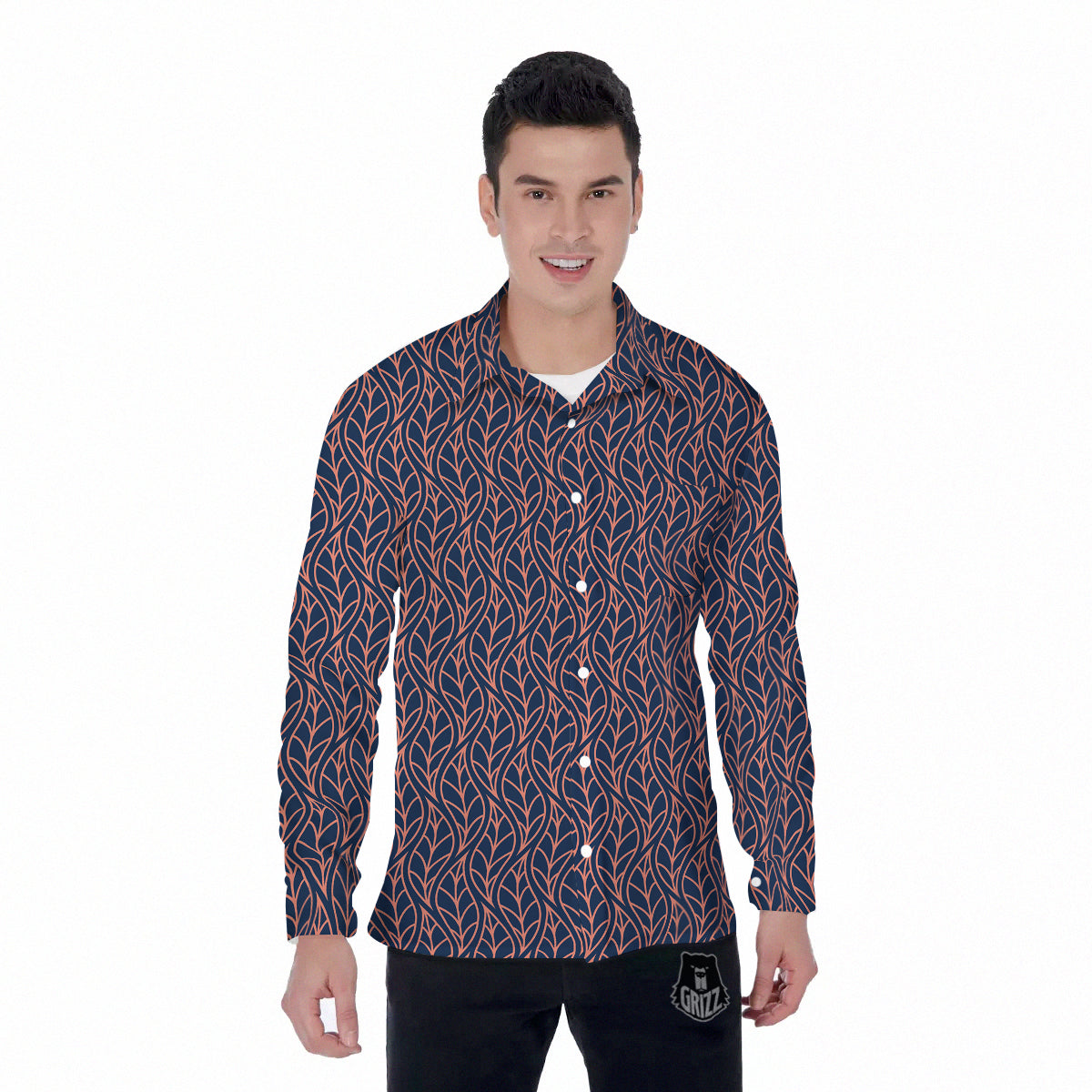 Geometric Leaf Vintage Print Pattern Men's Long Sleeve Shirts-grizzshop