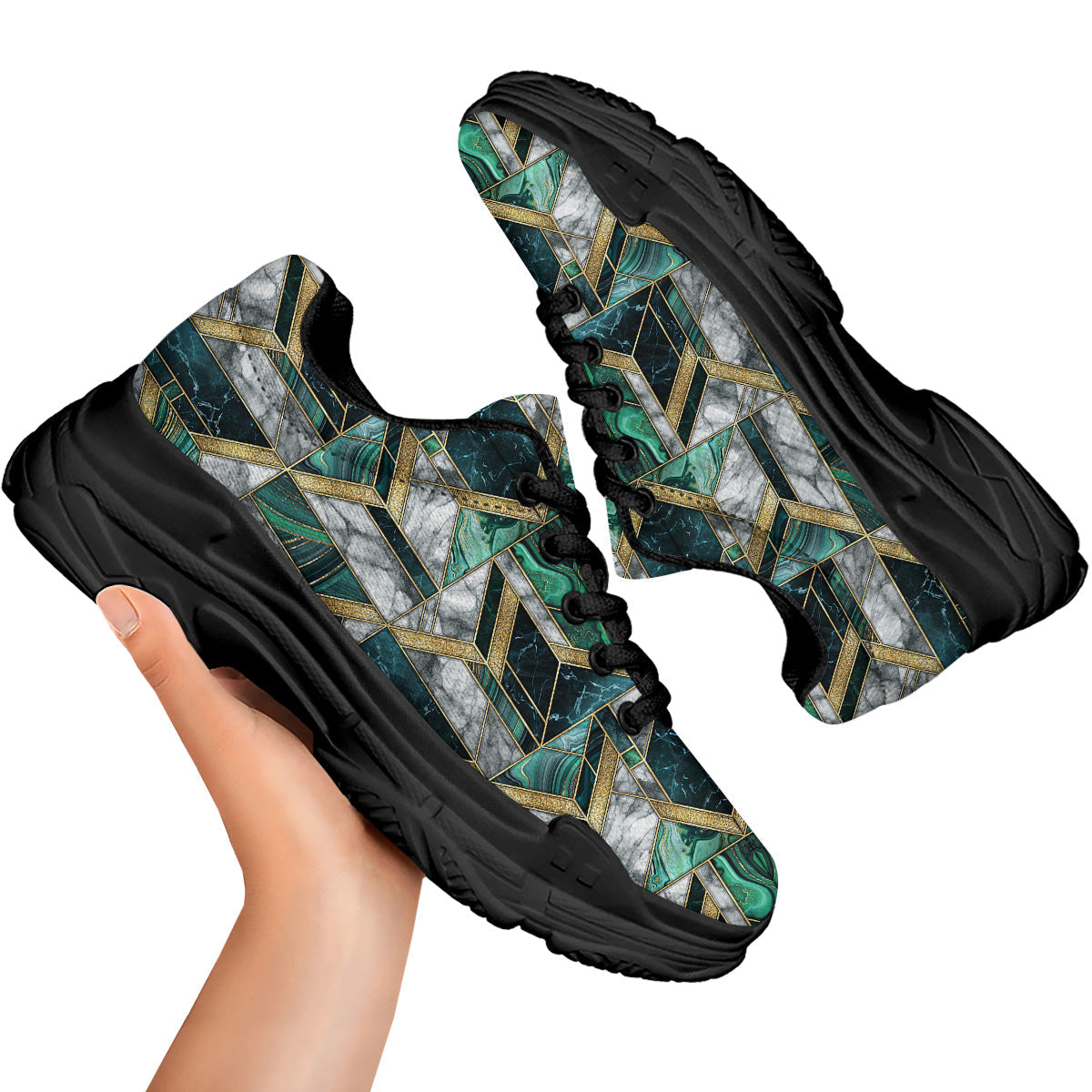 Geometric Marble Dark Green And Gold Print Pattern Black Chunky Shoes-grizzshop