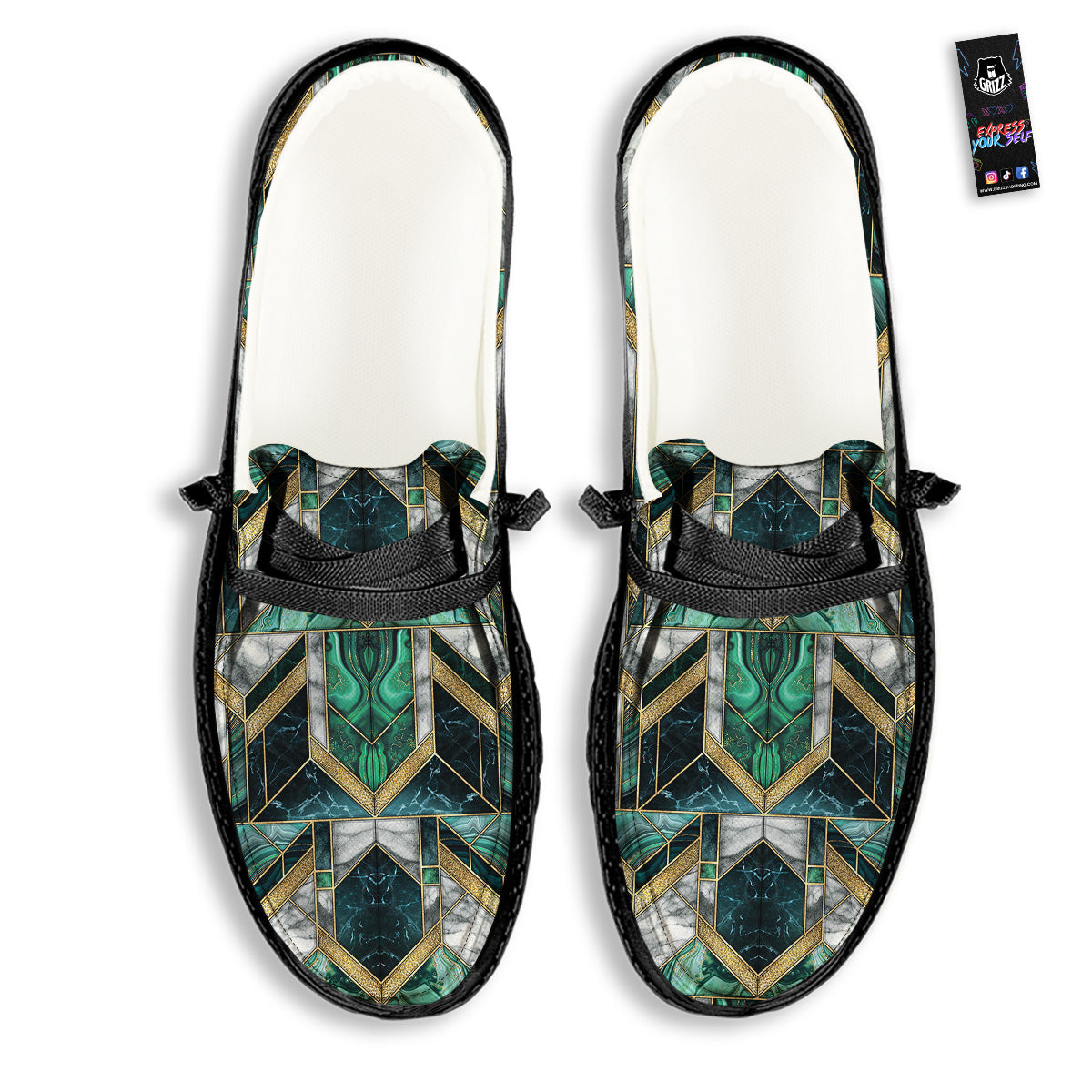 Geometric Marble Dark Green And Gold Print Pattern Black Loafers-grizzshop