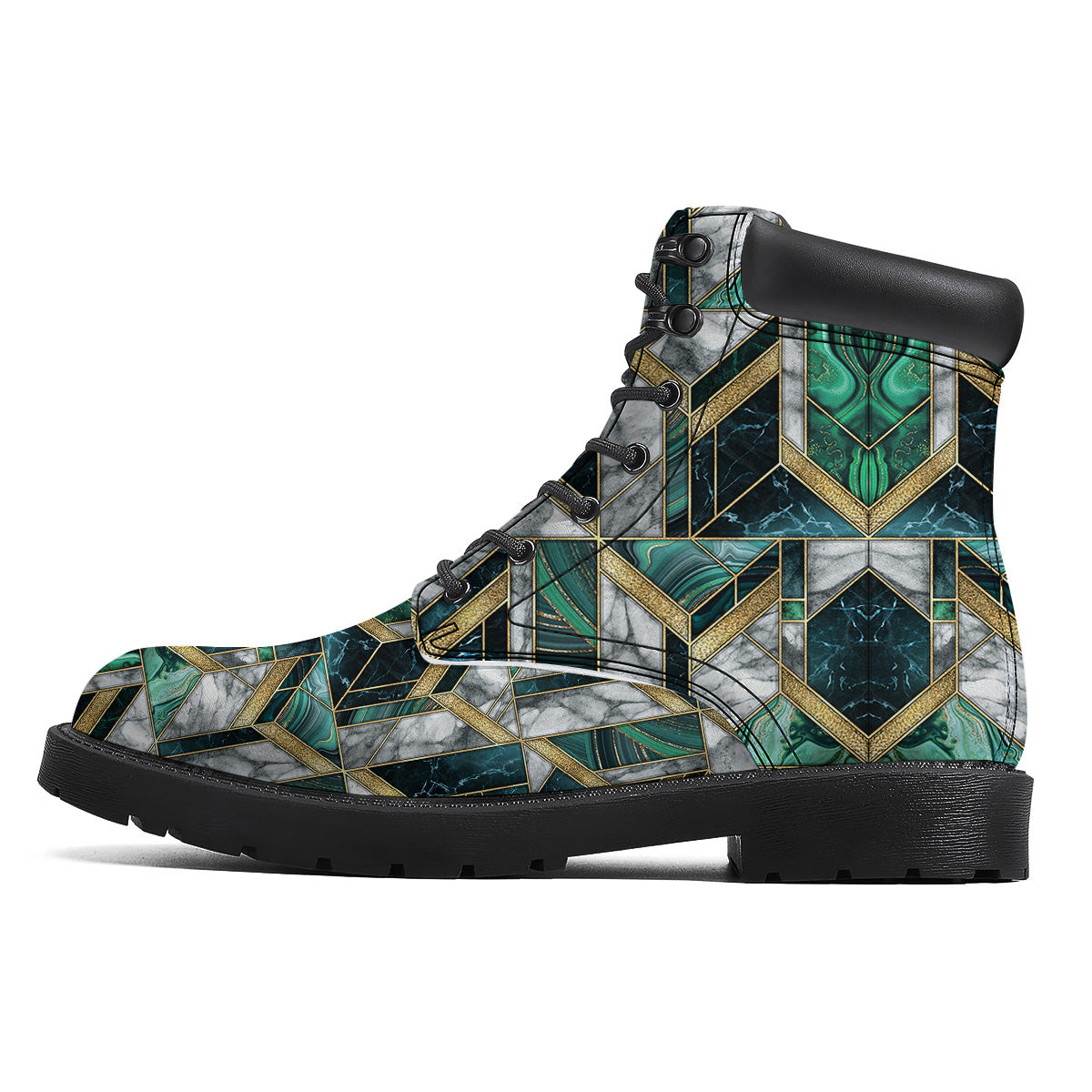 Geometric Marble Dark Green And Gold Print Pattern Boots-grizzshop