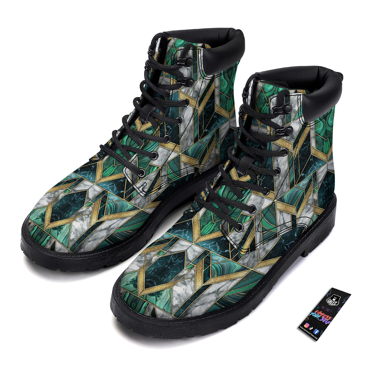 Geometric Marble Dark Green And Gold Print Pattern Boots-grizzshop