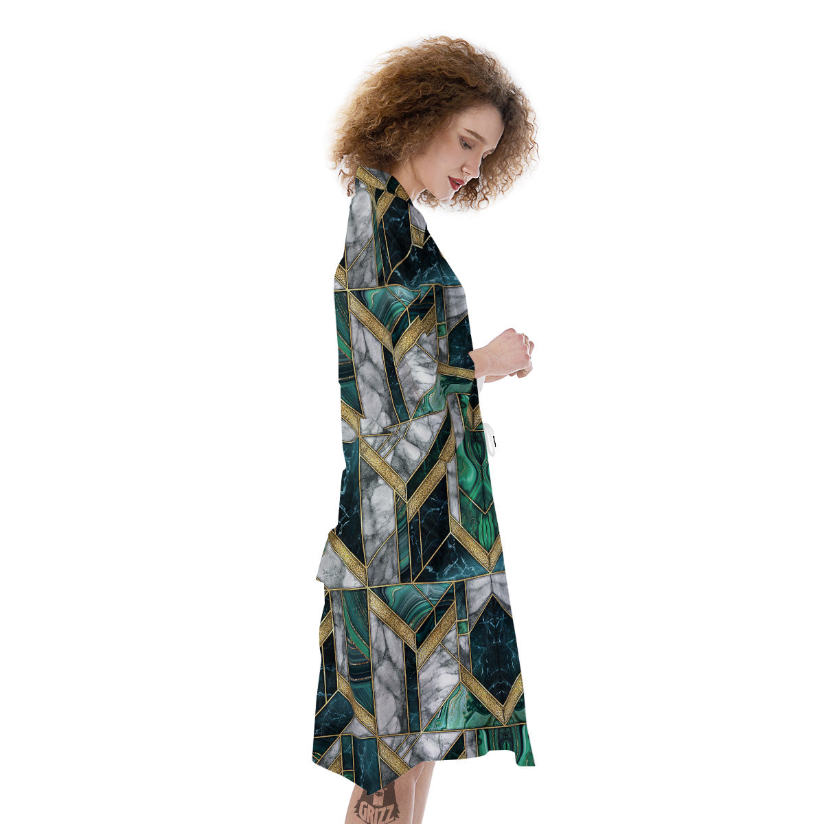 Geometric Marble Dark Green And Gold Print Pattern Kimono-grizzshop
