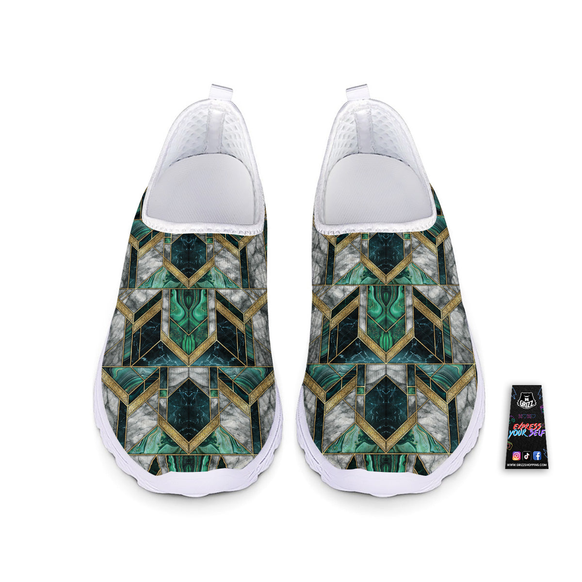 Geometric Marble Dark Green And Gold Print Pattern Nurse Shoes-grizzshop