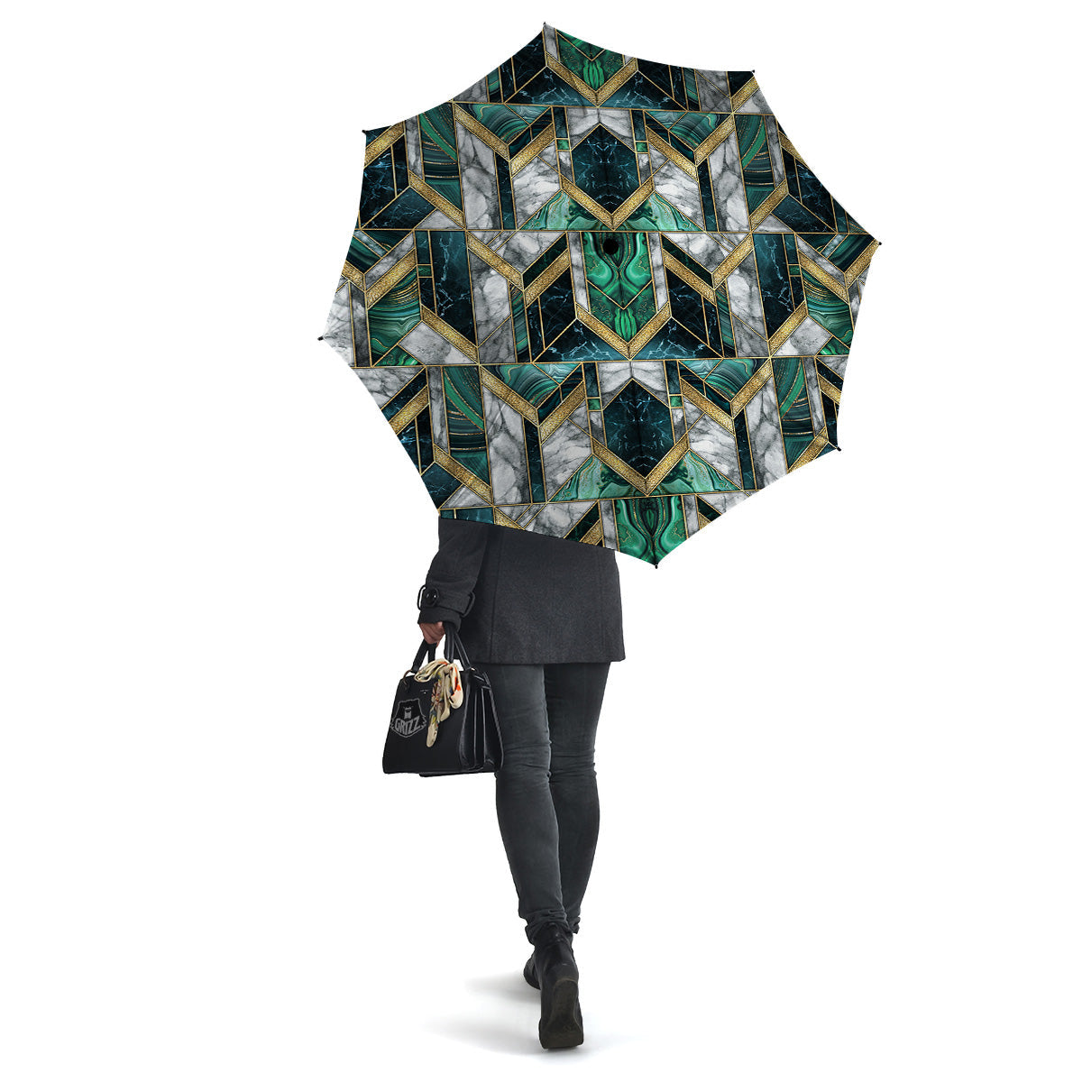Geometric Marble Dark Green And Gold Print Pattern Umbrella-grizzshop