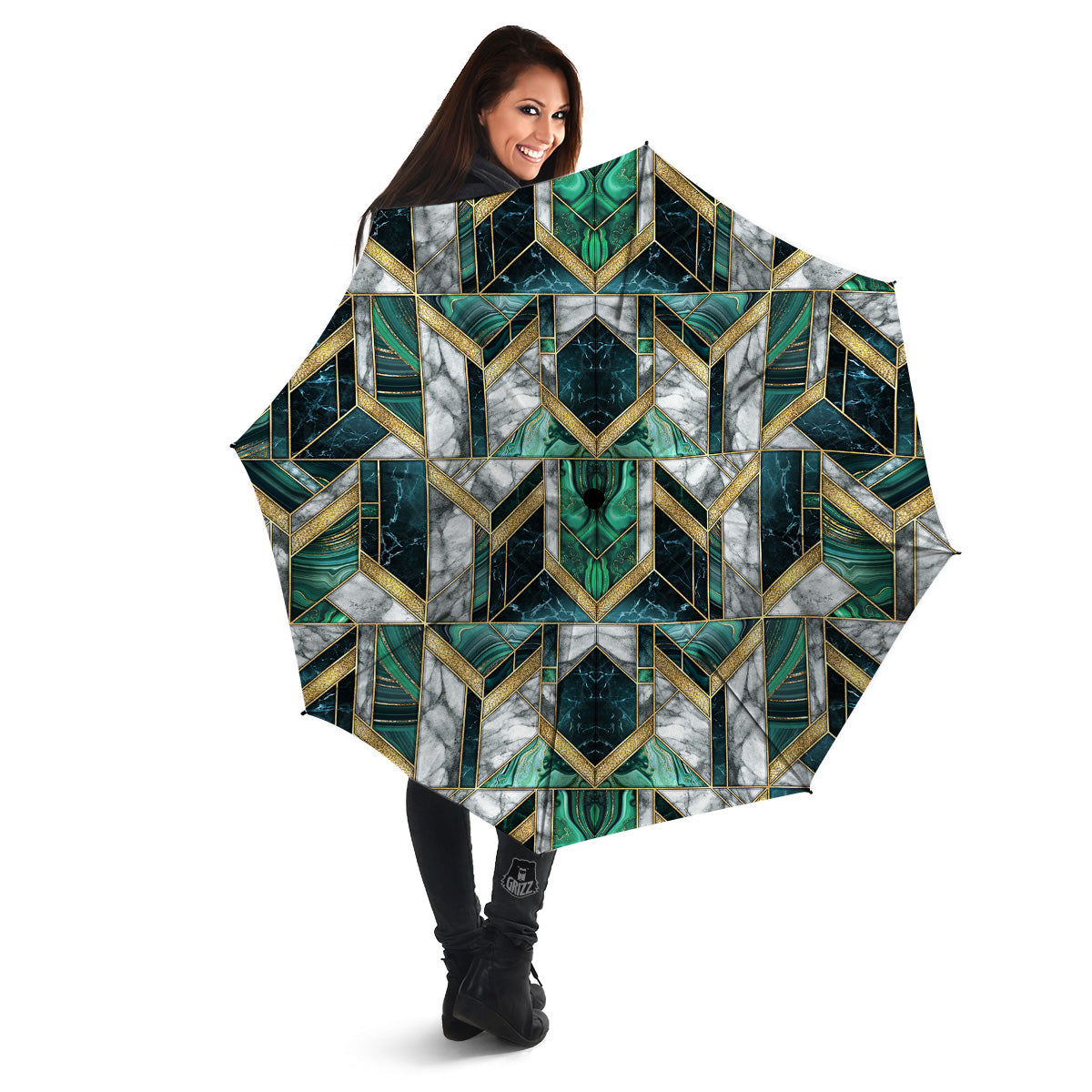 Geometric Marble Dark Green And Gold Print Pattern Umbrella-grizzshop