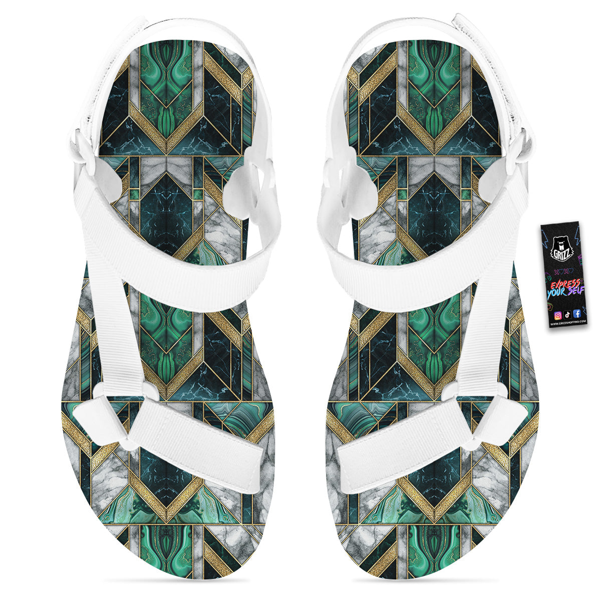 Geometric Marble Dark Green And Gold Print Pattern White Open Toe Sandals-grizzshop