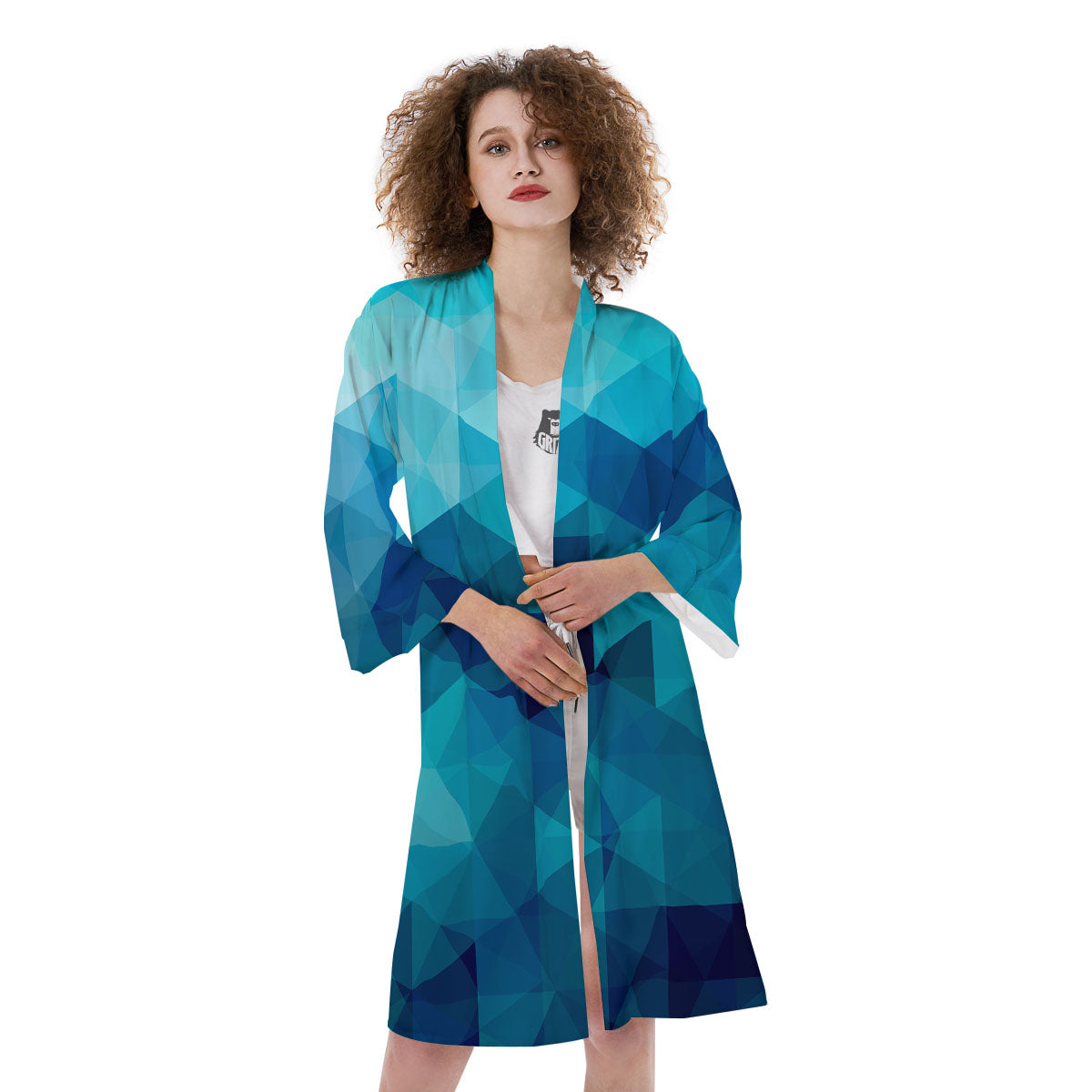 Geometric Mosaic Blue Print Kimono-grizzshop