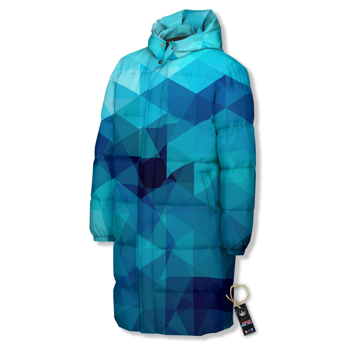 Geometric Mosaic Blue Print Long Down Jacket-grizzshop