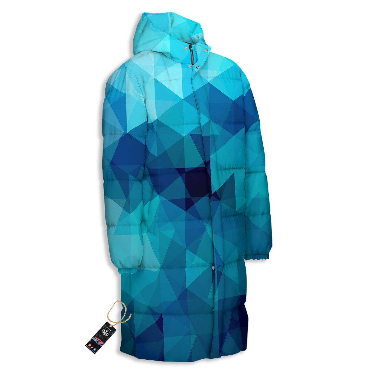 Geometric Mosaic Blue Print Long Down Jacket-grizzshop