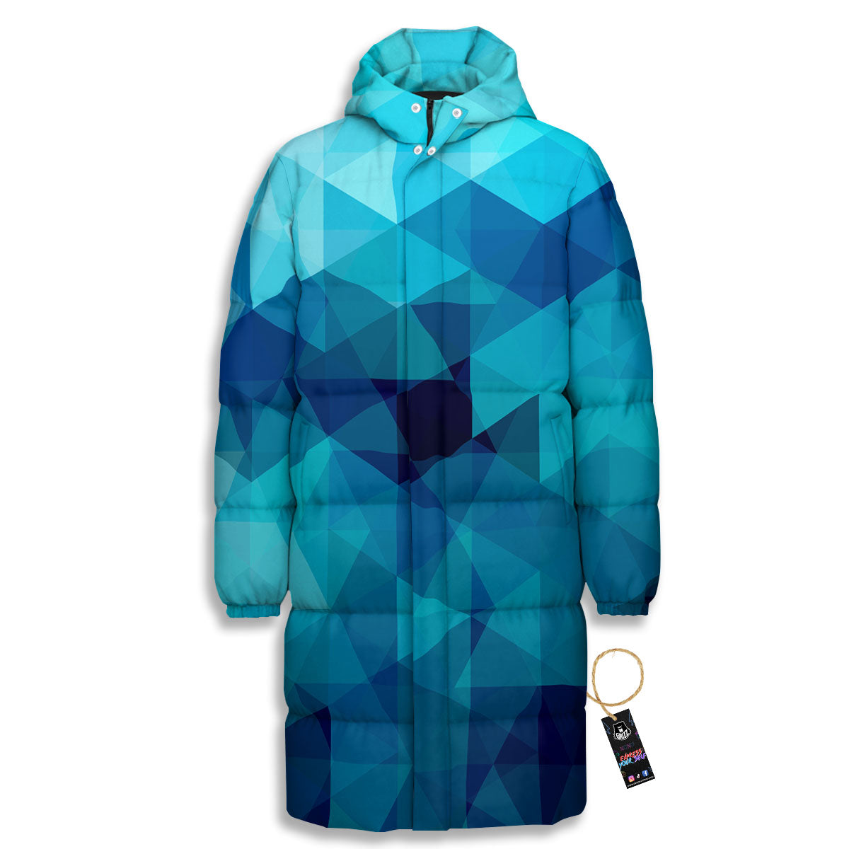 Geometric Mosaic Blue Print Long Down Jacket-grizzshop