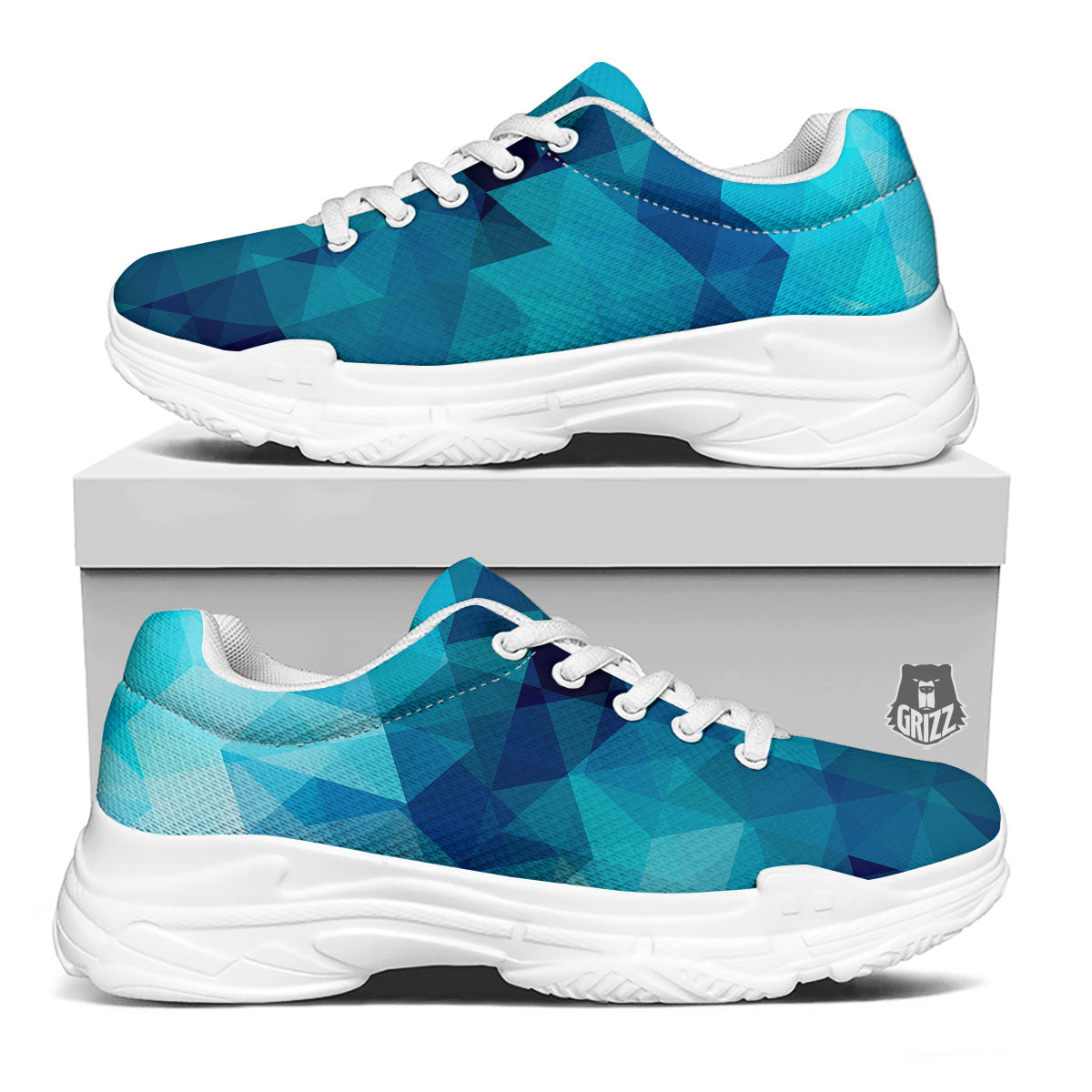 Geometric Mosaic Blue Print White Chunky Shoes-grizzshop