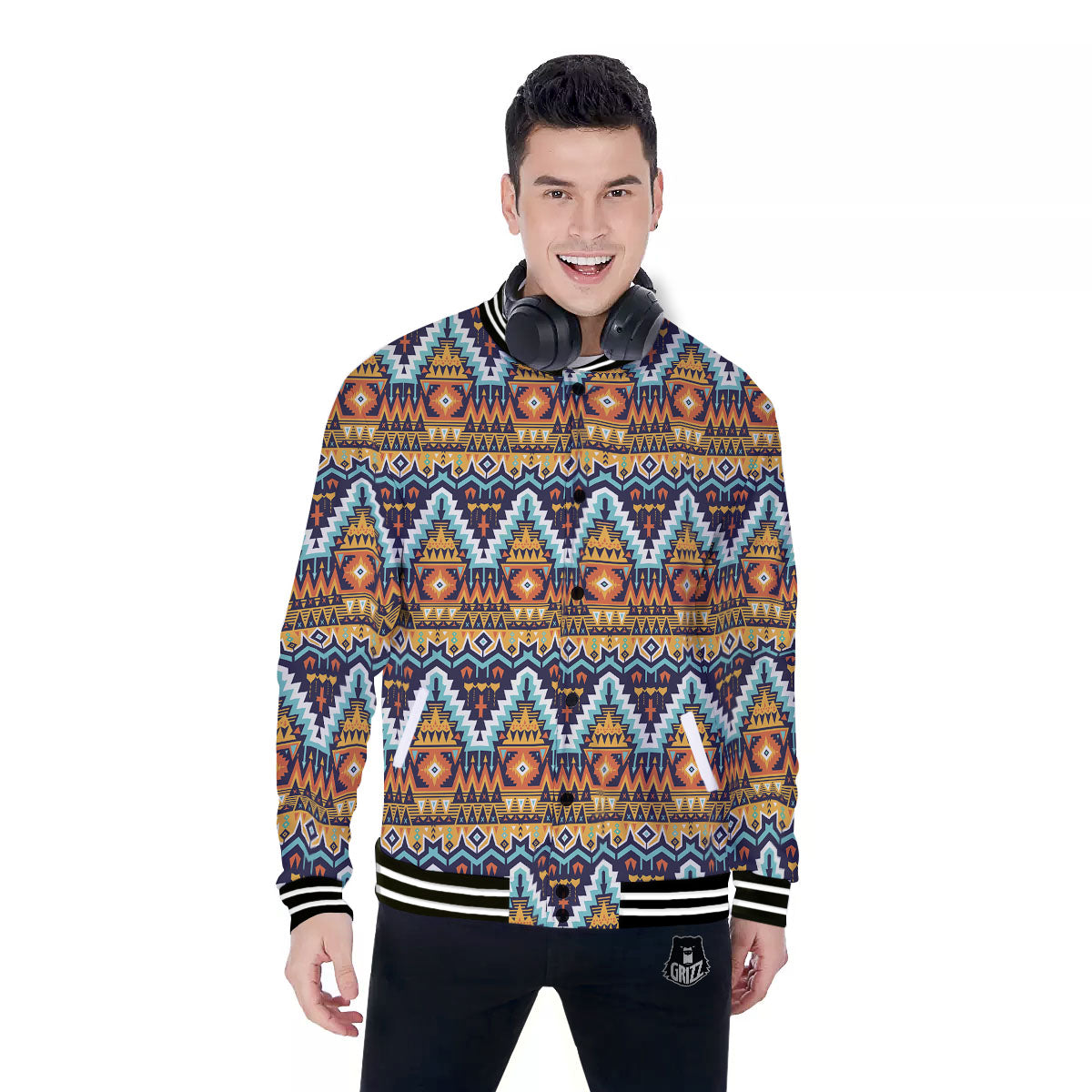 Geometric Navajo Print Pattern Baseball Jacket-grizzshop