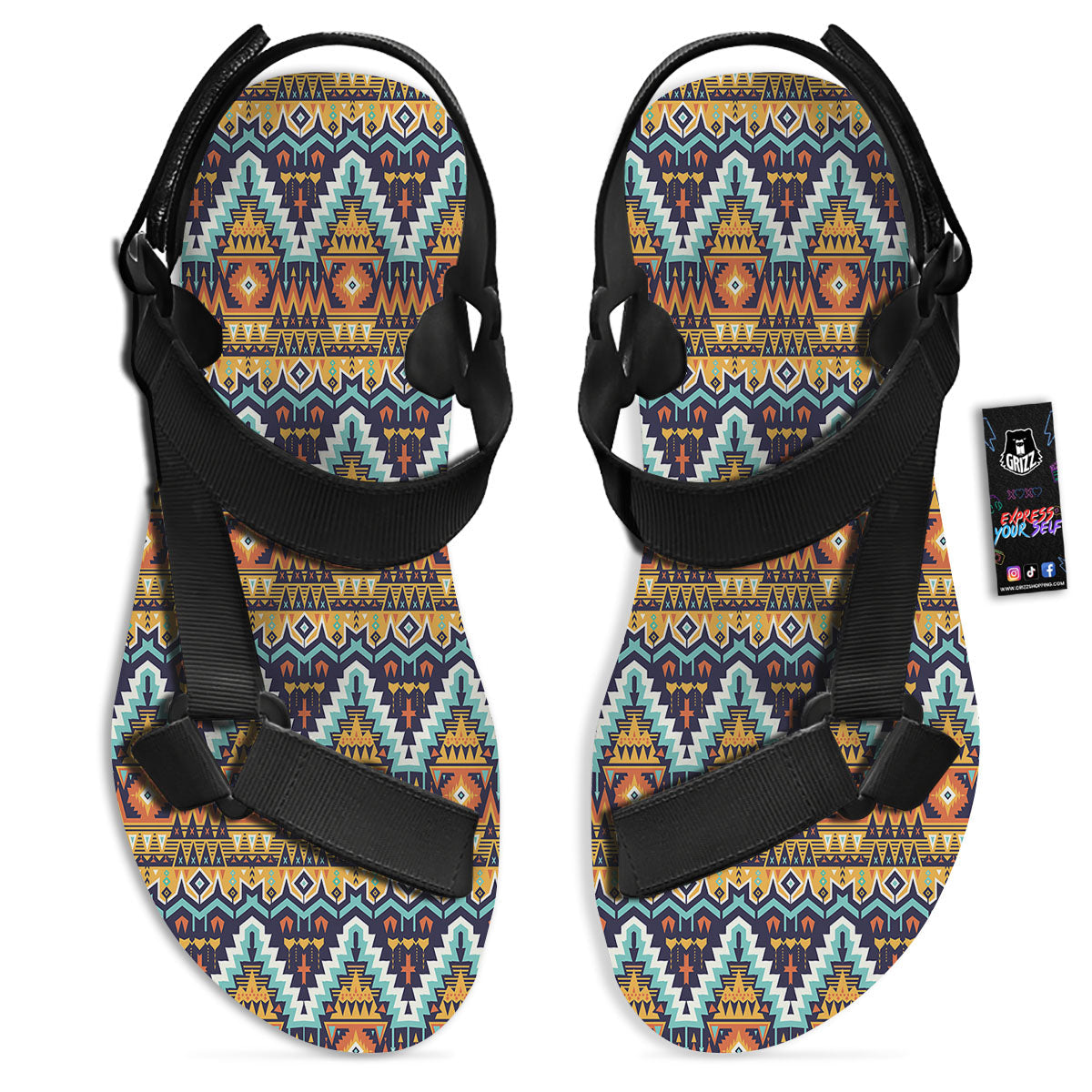 Geometric Navajo Print Pattern Black Open Toe Sandals-grizzshop