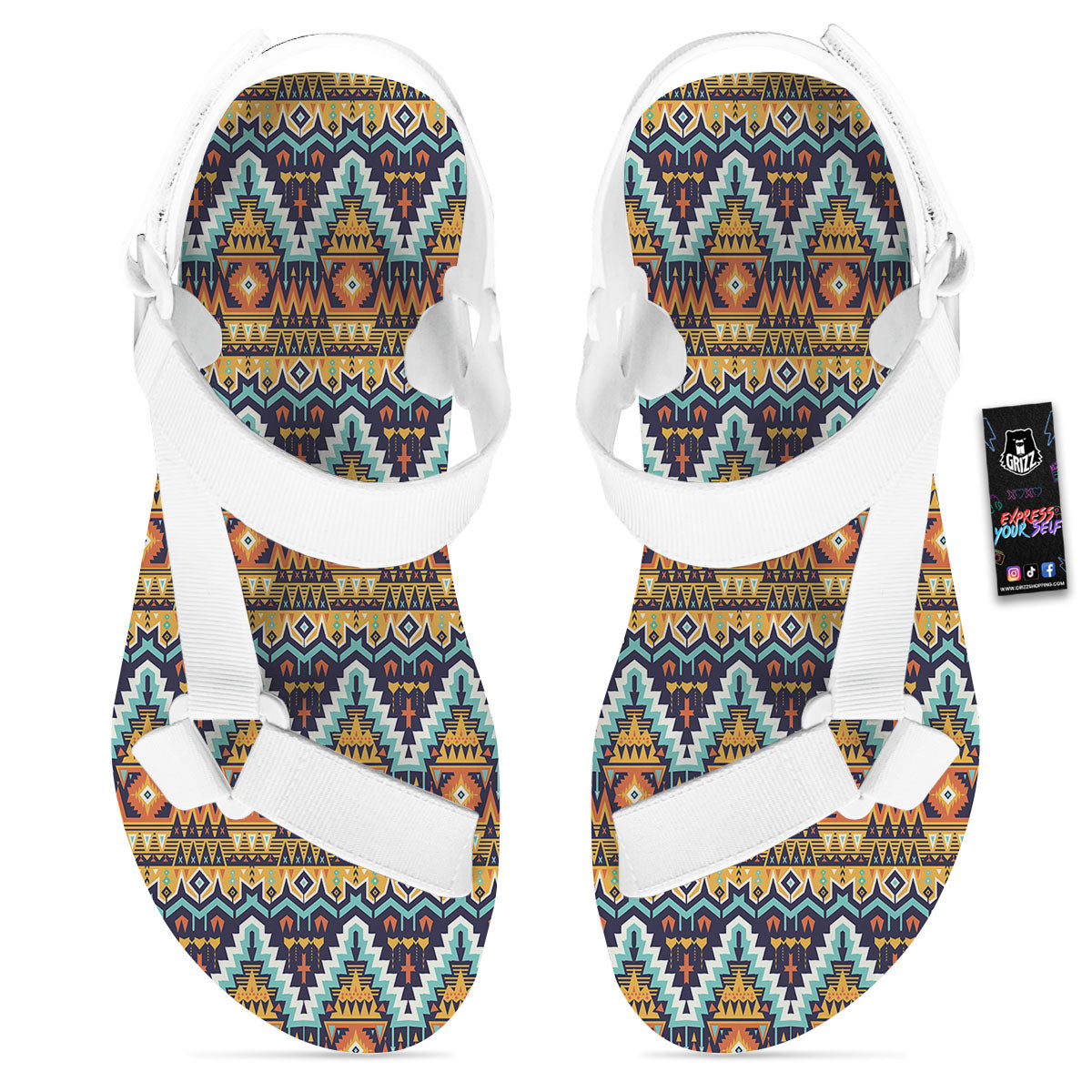 Geometric Navajo Print Pattern White Open Toe Sandals-grizzshop