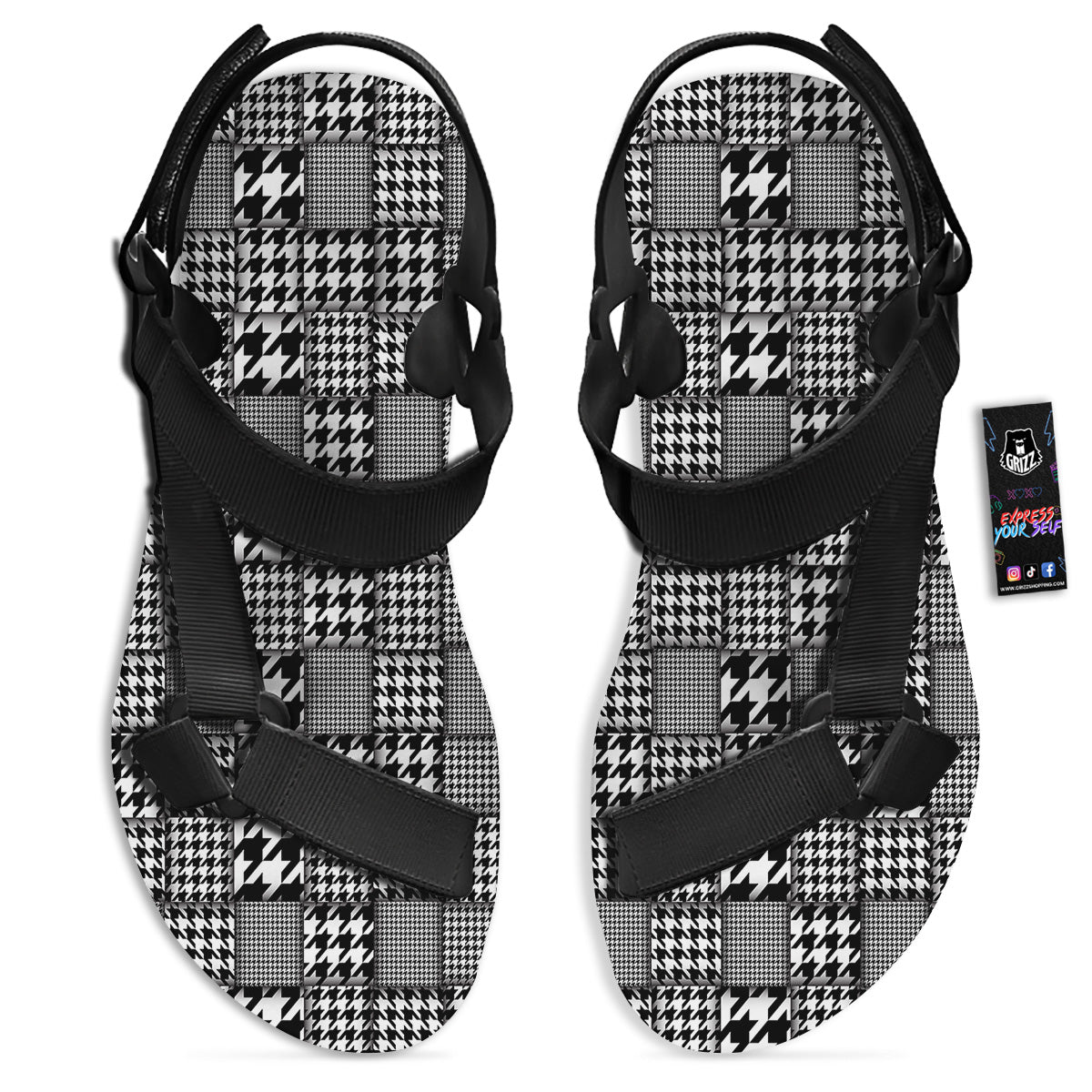 Geometric Patchwork Houndstooth Print Pattern Black Open Toe Sandals-grizzshop