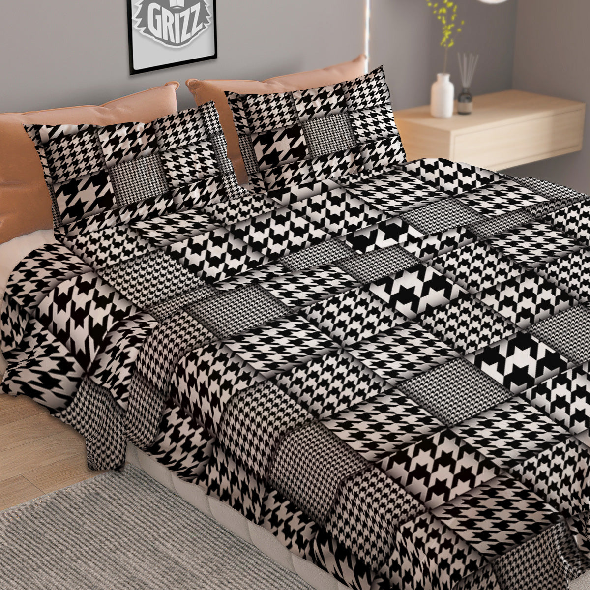 Geometric Patchwork Houndstooth Print Pattern Duvet Cover Bedding Set-grizzshop