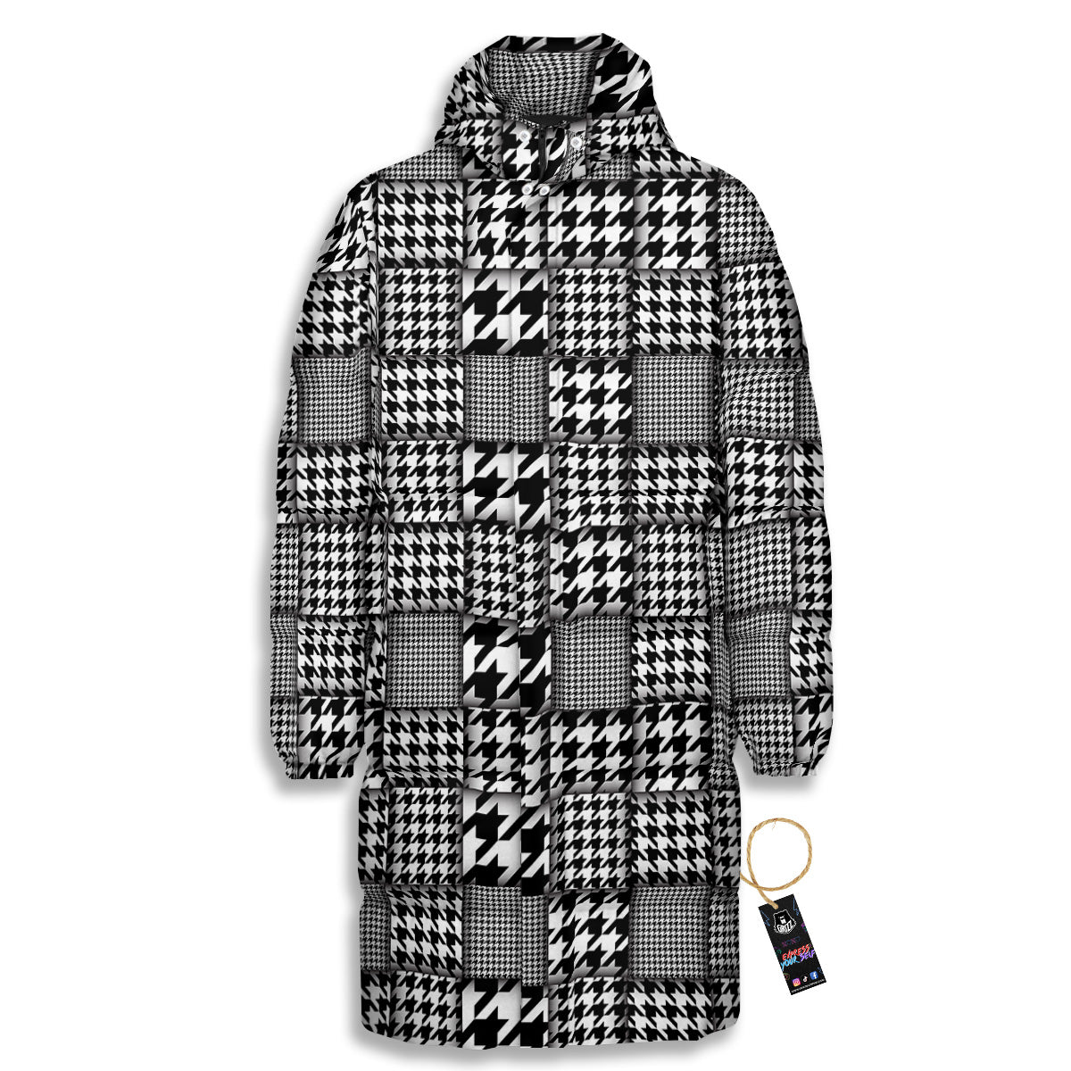 Geometric Patchwork Houndstooth Print Pattern Long Down Jacket-grizzshop