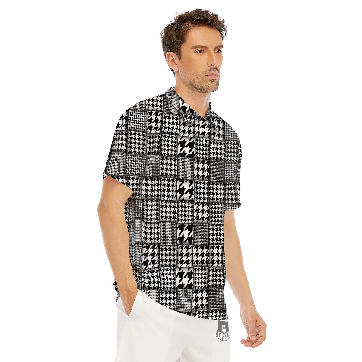 Geometric Patchwork Houndstooth Print Pattern Men's Golf Shirts-grizzshop